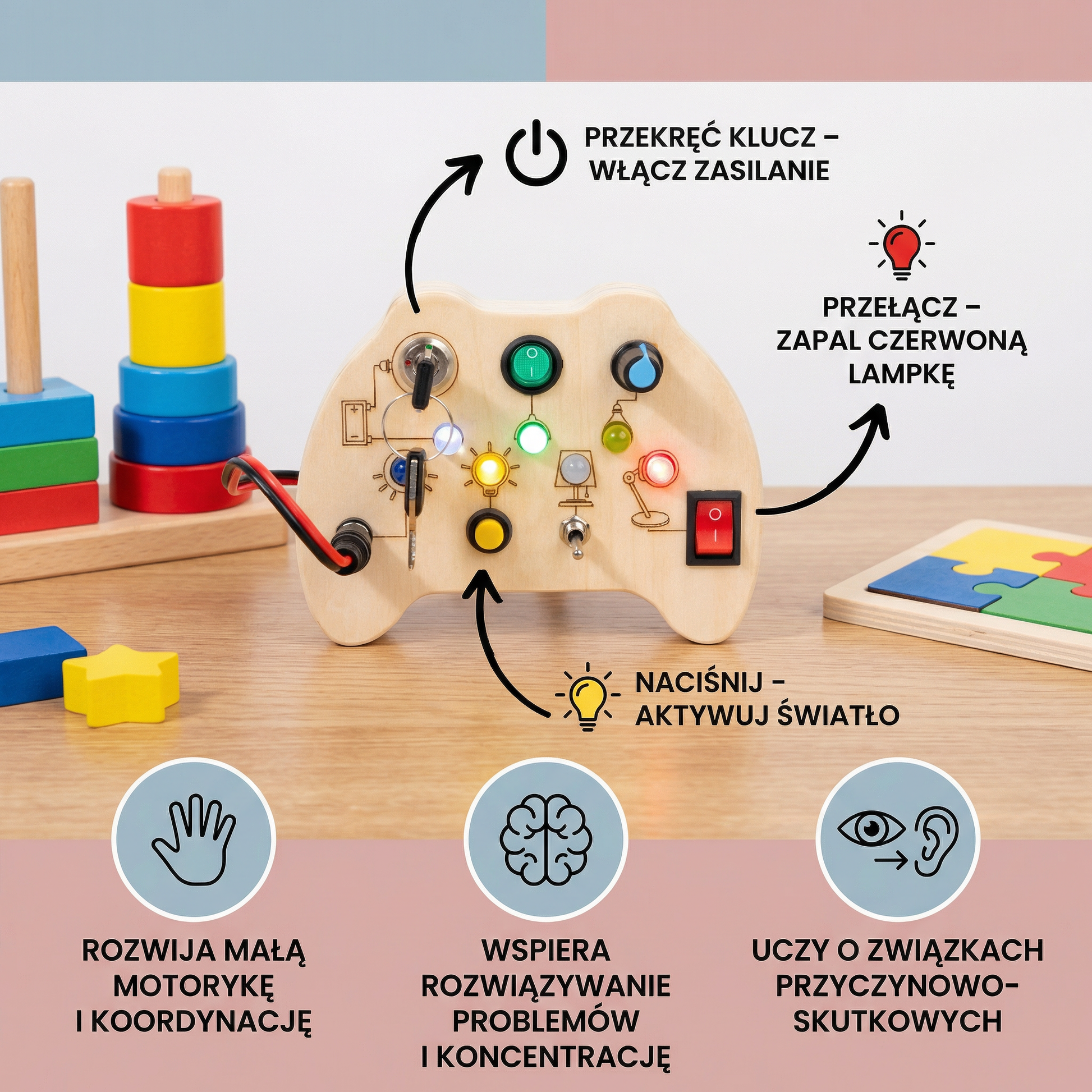 Drewniana Tablica Sensoryczna LED – Interaktywna Zabawka Edukacyjna Dla 3-6 Latka 2