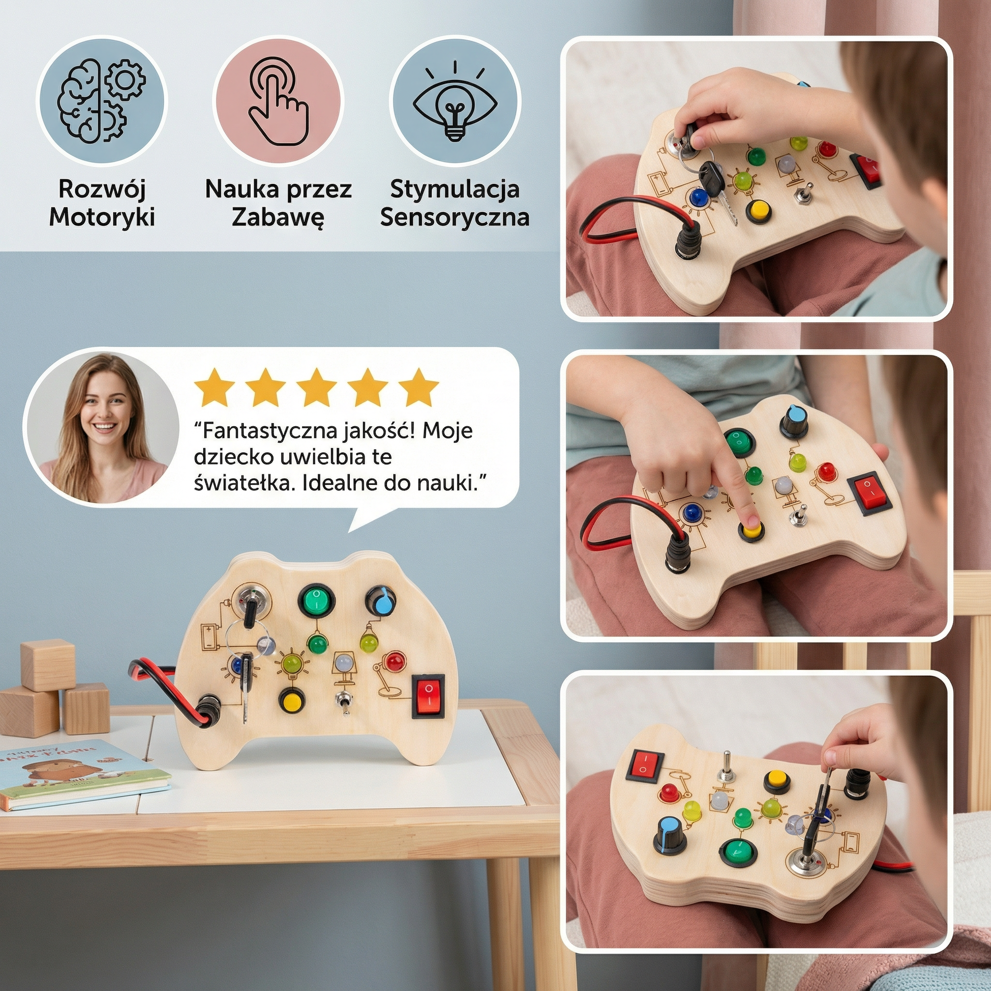 Drewniana Tablica Sensoryczna LED – Interaktywna Zabawka Edukacyjna Dla 3-6 Latka 3