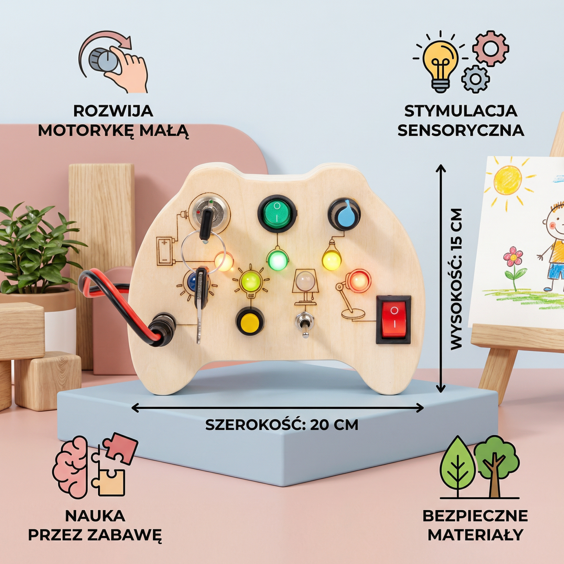 Drewniana Tablica Sensoryczna LED – Interaktywna Zabawka Edukacyjna Dla 3-6 Latka 5