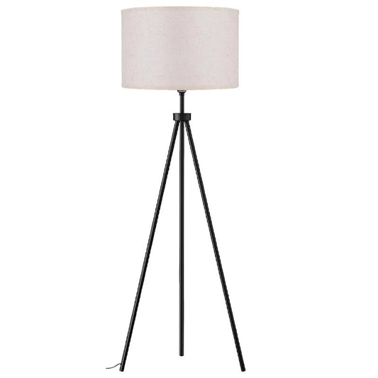 Lampa podłogowa na trójnogu z cylindrycznym abażurem z tkaniny