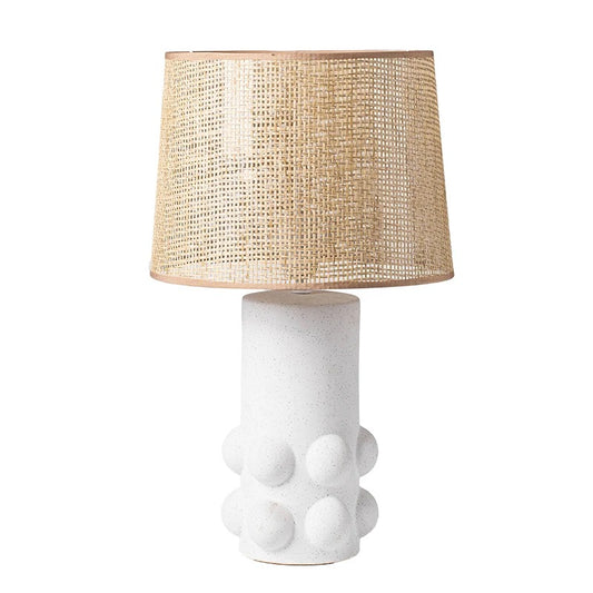 Lampa stołowa z ceramiczną podstawą i plecionym abażurem