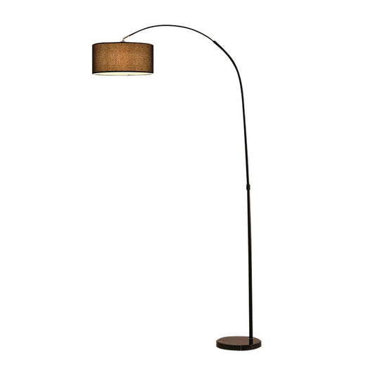 Łukowa lampa podłogowa z cylindrycznym abażurem z tkaniny