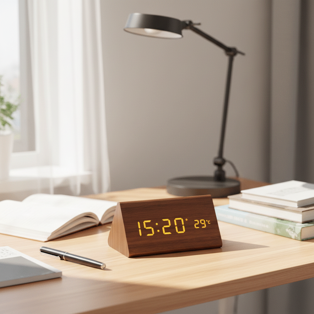 <strong>Woodsense Drewniany Zegar LED</strong> – <strong>Nowoczesny Design z Sterowaniem Głosowym</strong> 2