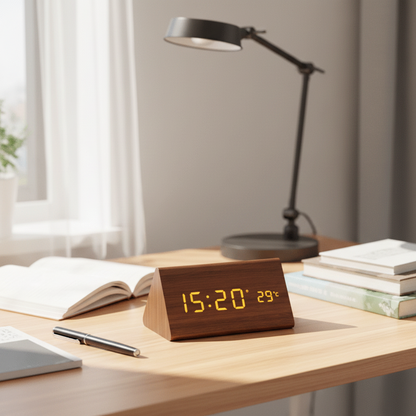 <strong>Woodsense Drewniany Zegar LED</strong> – <strong>Nowoczesny Design z Sterowaniem Głosowym</strong> 2